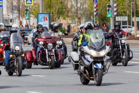 Moscow, Russia - May 04, 2019: Bikers in an organized column ride along Garden Ring in Moscow. Motofestival MosMotoFest 2019. Official opening of motoseasonのeditorial素材