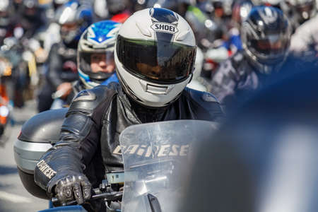 Moscow, Russia - May 04, 2019: Bikers in an organized column ride along Garden Ring in Moscow....