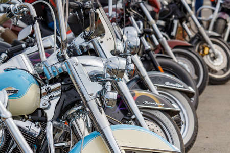 Moscow, Russia - May 04, 2019: Harley Davidson motorcycles in a parking closeup. Moto festival MosMotoFest 2019のeditorial素材