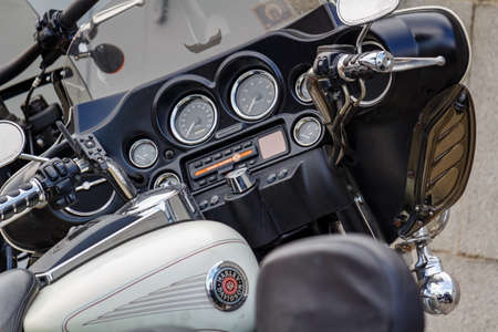 Moscow, Russia - May 04, 2019: Dashboard with indicators and multimedia system of Harley Davidson motorcycle closeup. Moto festival MosMotoFest 2019のeditorial素材