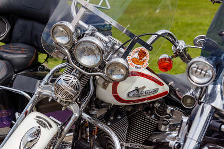 Moscow, Russia - May 04, 2019: Chromed Harley Davidson motorcycles in a parking at sunny day. Moto...