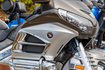 Moscow, Russia - May 04, 2019: Tourist motorcycle Honda Gold Wing in silvery plastic body kit in the...