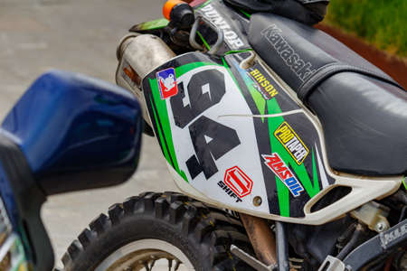 Moscow, Russia - May 04, 2019: Rear wheel and exhaust system pipe of Kawasaki sports motorcycle...