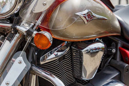 Moscow, Russia - May 04, 2019: Chromed engine of Kawasaki Vulcan tourist motorcycle closeup. Moto...