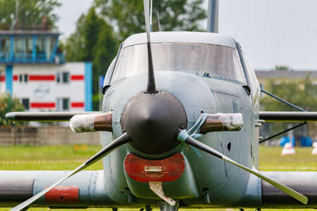 Balashikha, Moscow region, Russia - May 25, 2019: Light single engine turboprop aircraft on a green...