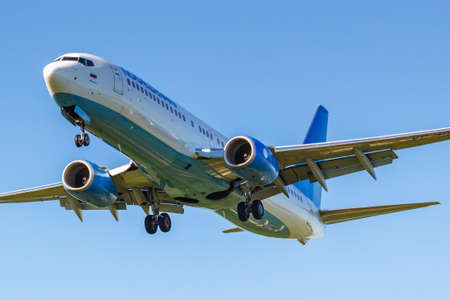 Moscow, Russia - May 19, 2019: Aircraft Boeing 737-8AL(WL) VP-BPV of Pobeda airline landing at...