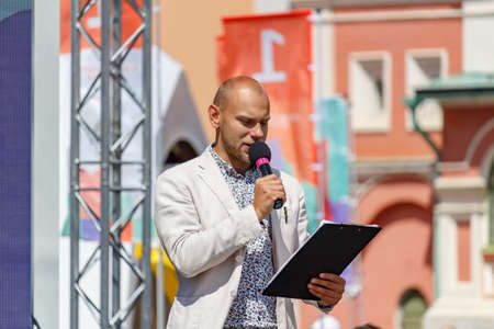 Moscow, Russia - June 02, 2019: Presenter on stage of Book festival Red Square 2019 in Moscowのeditorial素材