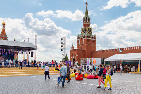 Moscow, Russia - June 02, 2019: Territory of Book festival Red Square 2019 in Moscow in sunny summer...