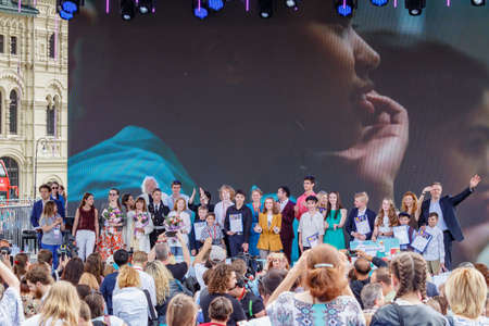 Moscow, Russia - June 02, 2019: Awarding of young winners of literary competitions on the main stage...