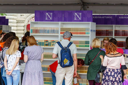 Moscow, Russia - June 02, 2019: Visitors near stands with books at the Book festival Red Square 2019 in Moscowのeditorial素材
