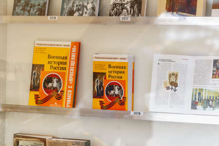 Moscow, Russia - June 02, 2019: Military history literature on the stand closeup at the Book festival Red Square 2019 in Moscowのeditorial素材