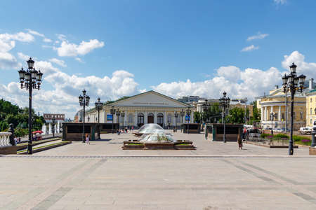 Moscow, Russia - June 02, 2019: Manezhnaya Square in Moscow with working fountains on a blue sky background at sunny summer morningのeditorial素材