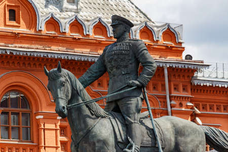 Moscow, Russia - June 02, 2019: Monument to Marshal Georgy Zhukov on Manezhnaya Square in Moscow...