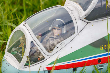 Balashikha, Moscow region, Russia - May 25, 2019: Pilots cabin closeup of big scale RC model of attack helicopter MI-24 at aviation festival Sky Theory and Practice 2019のeditorial素材