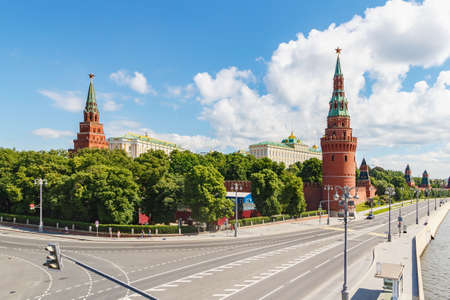 Moscow, Russia - June 02, 2019: View of Moscow Kremlin in sunny summer morning against blue sky with...