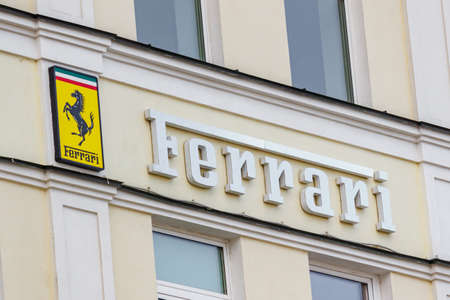 Moscow, Russia - June 02, 2019: Ferrari signboard on the building wall above entrance to the official dealer showroomのeditorial素材