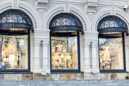 Moscow, Russia - June 02, 2019: Large glass showcases with mannequins on the facade of Dolce and Gabbana boutique in the center of Moscowのeditorial素材