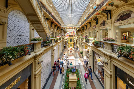 Moscow, Russia - July 28, 2019: Panorama of GUM State Department Store interiors at sunny summer day. GUM is popular touristic landmark on Red square in Moscowのeditorial素材