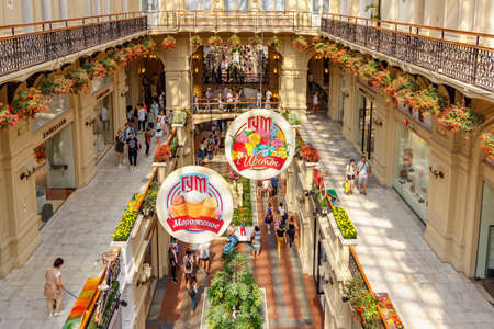 Moscow, Russia - July 28, 2019: Peoples walking on alleys in GUM State Department Store at sunny summer day. GUM is popular touristic landmark on Red square in Moscowのeditorial素材