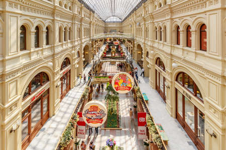 Moscow, Russia - July 28, 2019: Architecture of GUM State Department Store on Red square in Moscow. GUM interior in sunlight at summer dayのeditorial素材