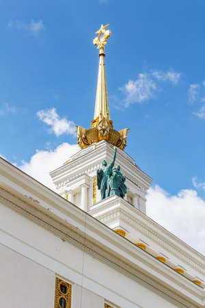 Moscow, Russia - July 22, 2019: Facade of pavilion USSR in VDNH park on a blue sky background. Architecture of VDNH in Moscow at sunny summer dayのeditorial素材