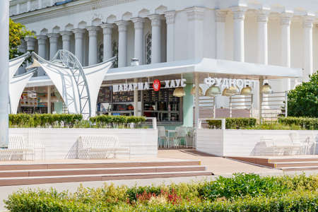 Moscow, Russia - July 22, 2019: Food court on alley of VDNH park at sunny summer morning. VDNH is popular touristic place in Moscowのeditorial素材