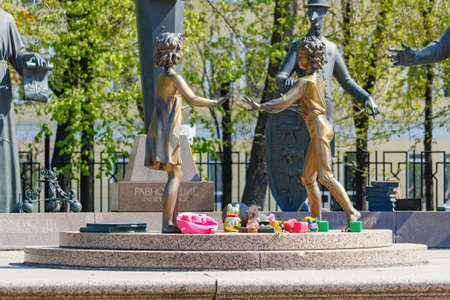 Moscow, Russia - May 01, 2019: Sculpture Children - victims of adult vices closeup on Bolotnaya square in Moscowのeditorial素材