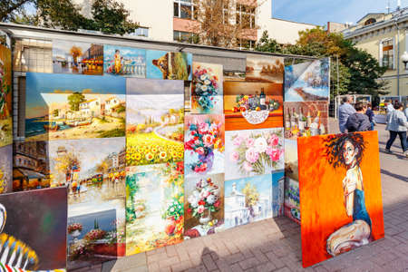 Moscow, Russia - September 13, 2019: Art gallery in sunlight on Arbat street in Moscow at autumn morningのeditorial素材