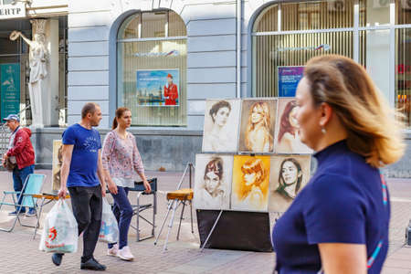 Moscow, Russia - September 13, 2019: People walking on Arbat street. Old Arbat is popular touristic landmark in Moscowのeditorial素材