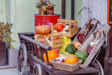 Moscow, Russia - September 13, 2019: Old wooden village cart with various vegetables in Moscow downtown close-upのeditorial素材