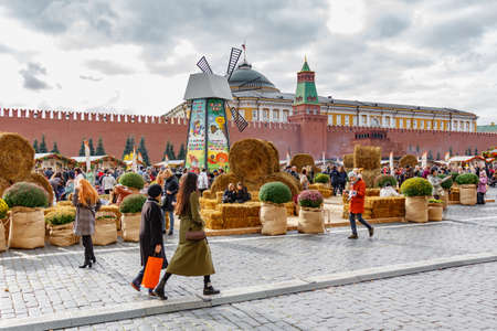 Moscow, Russia - October 05, 2019: Haystacks on the exposition of traditional festival Golden Autumn on Red Square in Moscowのeditorial素材