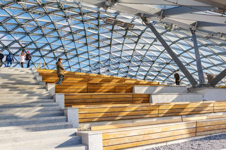 Moscow, Russia - October 08, 2019: Interiors of Large amphitheatre in Zaryadye Park at sunny autumn day. Zaryadye Park is a popular holiday destination in Moscowのeditorial素材