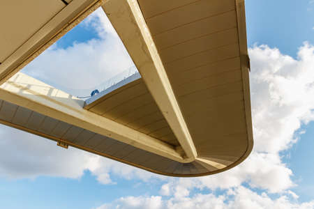 Moscow, Russia - October 08, 2019: Soaring bridge in Zaryadye Park in Moscow. View against blue sky...