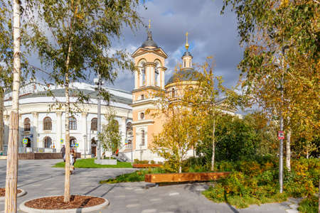 Moscow, Russia - October 08, 2019: Temple Of The Great Martyr Barbara and building of trade and...