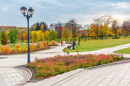 Moscow, Russia - October 16, 2019: Panorama of Tsaritsyno Park in Moscow. Autumn colored trees and plants on the lawns in cloudy dayのeditorial素材