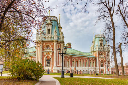 Moscow, Russia - October 16, 2019: Building of Grand Palace in Tsaritsyno Park against cloudy sky in autumn day. Architecture of Tsaritsyno Park in autumnのeditorial素材