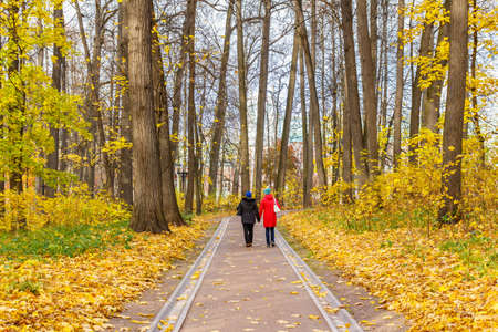 Moscow, Russia - October 16, 2019: Two woman walking along autumn alley in Tsaritsyno Park. Tsaritsyno Park is a popular holiday destination of people in Moscowのeditorial素材