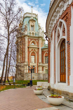 Moscow, Russia - October 16, 2019: Exteriors of historical buildings in Tsaritsyno Park in autumn day. Tsaritsyno Park is popular touristic landmark in Moscowのeditorial素材