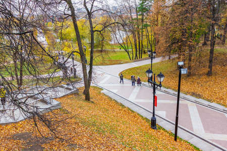 Moscow, Russia - October 16, 2019: View of crossing footpaths in Tsaritsyno Park in Moscow against...