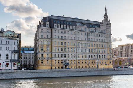 Moscow, Russia - October 08, 2019: Building of Hotel Baltschug Kempinski Moscow on the Balchug Street. View from Moskvoretskaya Embankment of Moskva River in sunny autumn dayのeditorial素材