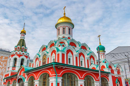 Moscow, Russia - October 08, 2019: Domes of Kazan Cathedral on Red square against blue sky in sunny autumn evening. Architecture of Moscow downtownのeditorial素材