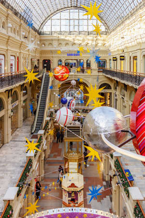 Moscow, Russia - November 21, 2019: Colored Christmas decorations of GUM State Department Store on Red square. Christmas in Moscow historical centerのeditorial素材