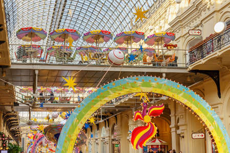 Moscow, Russia - November 21, 2019: Christmas in Moscow. New Year interiors of GUM State Department Store on Red square. GUM is a famous touristic place in Moscow downtownのeditorial素材
