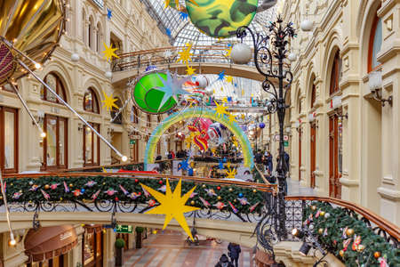 Moscow, Russia - November 21, 2019: New Year in Moscow. Christmas interiors of GUM State Department Store on Red square. GUM is a popular touristic place in Moscow historical centerのeditorial素材