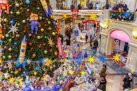 Moscow, Russia - November 21, 2019: Decorated interior of GUM State Department Store on Red square by Christmas decorations. GUM is a popular touristic place in Moscow downtownのeditorial素材