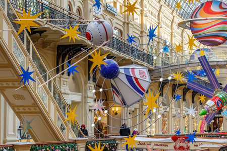Moscow, Russia - November 21, 2019: New Year in Moscow. New Year interiors of GUM State Department Store on Red square. GUM is a popular touristic place in Moscow historical centerのeditorial素材
