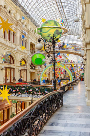 Moscow, Russia - November 21, 2019: New Year in Moscow. Christmas interiors of GUM State Department Store on Red square. GUM is a popular public place in Moscow downtownのeditorial素材