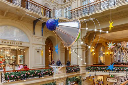 Moscow, Russia - November 21, 2019: Christmas decorations at interiors of GUM State Department Store...