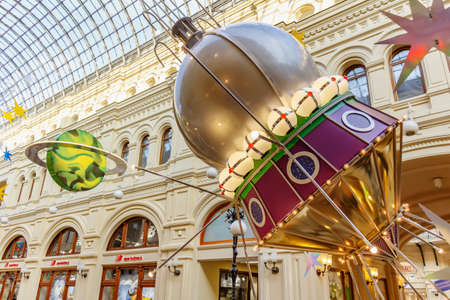 Moscow, Russia - November 21, 2019: Bright New Year decorations of GUM State Department Store on Red square. Christmas in Moscow historical centerのeditorial素材