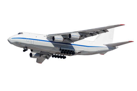 Flying big cargo plane with released landing gear isolated on a white background. Side view